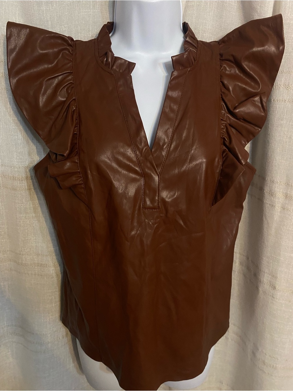 INC Faux Leather Ruffle V-Neck Mixed Media Cap Sleeve Top Cognac Brown M